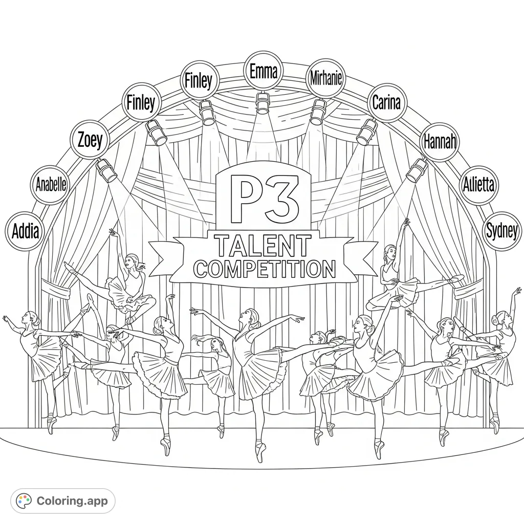 Capture the excitement of the P3 Talent Competition with this dynamic dance coloring page featuring elegant dancers and all participant names. Perfect for aspiring performers.