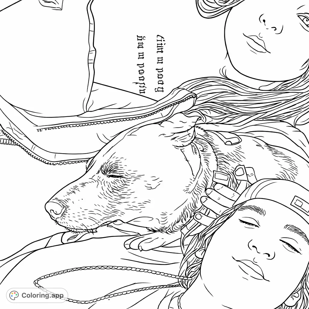 A heartwarming image of two friends and their dog sharing a relaxed moment. Perfect for a cozy companionship coloring page, celebrating bonds and comfort.
