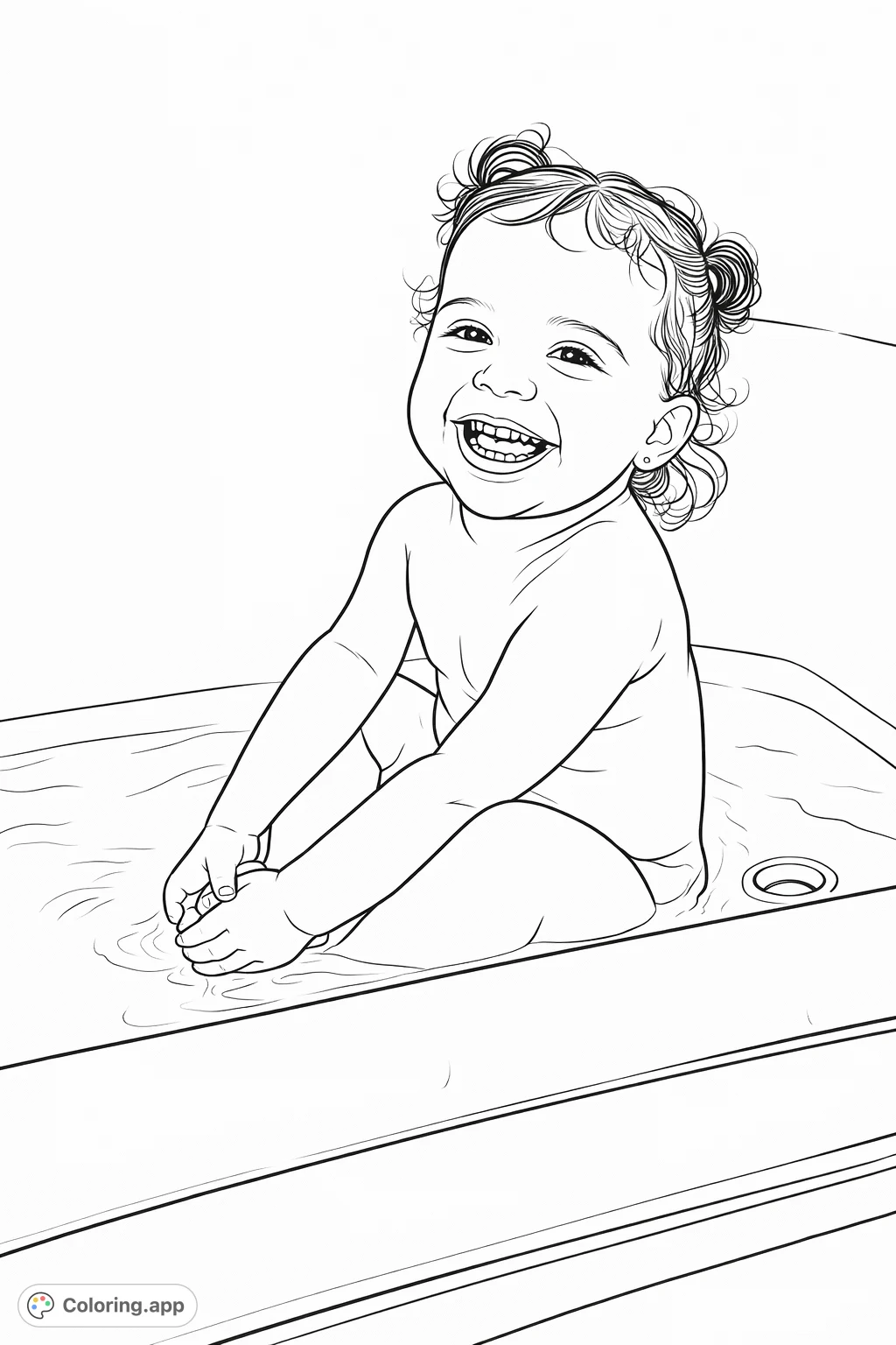 A delightful coloring page of a smiling baby enjoying a bath. Capture the innocent joy and playful spirit of a little one during a happy moment.