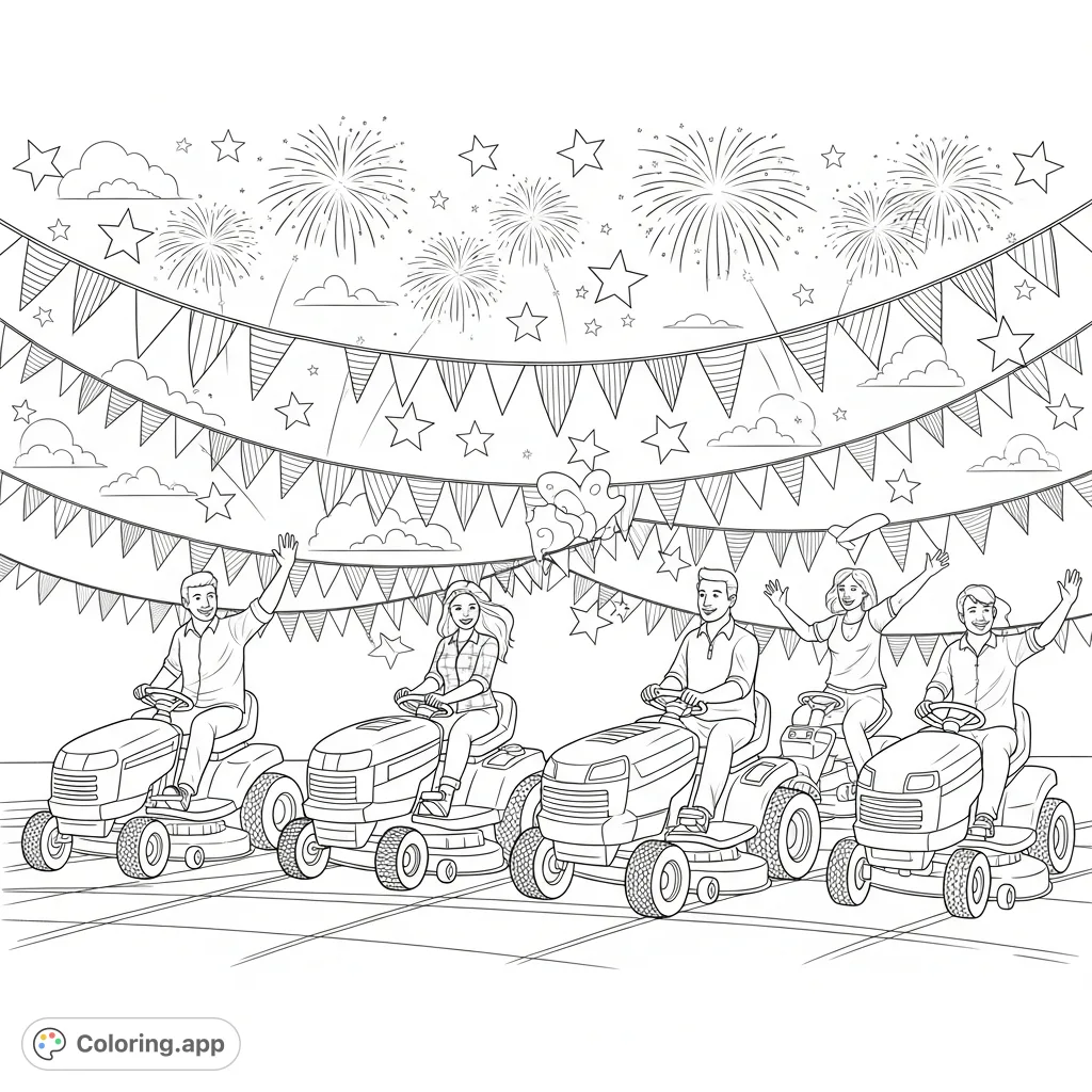 Celebrate Independence Day with this fun coloring page featuring two guys and two girls each riding their own lawnmowers in a festive parade setting.