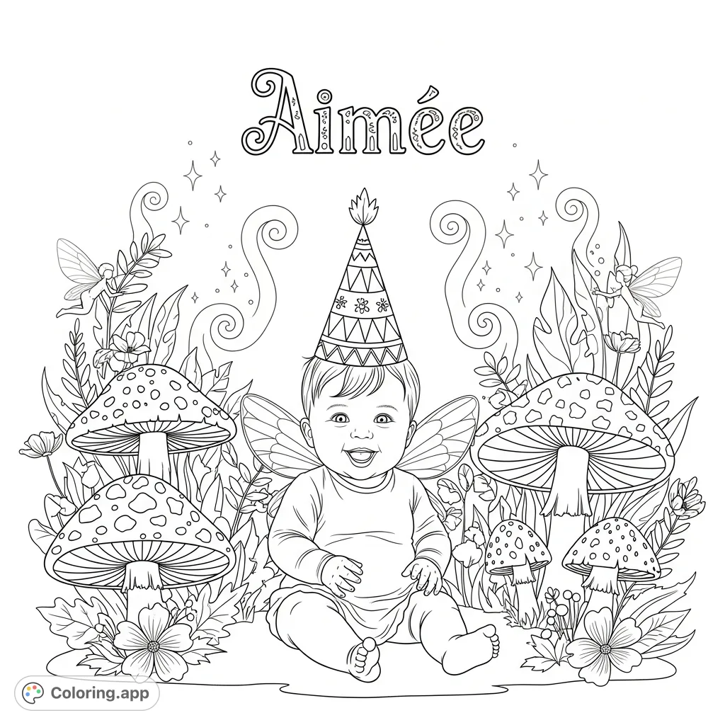 A charming fairy-themed coloring page featuring baby Aimee in a birthday hat amidst whimsical foliage and magical elements, perfect for celebrating a special day.