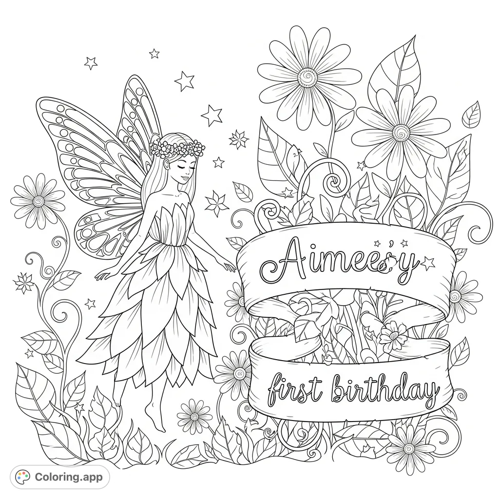 Discover a graceful fairy with intricate wings in an enchanted garden, featuring whimsical flowers, winding vines, and a special "Aimee's fairy first birthday" banner. Perfect for creative expression!