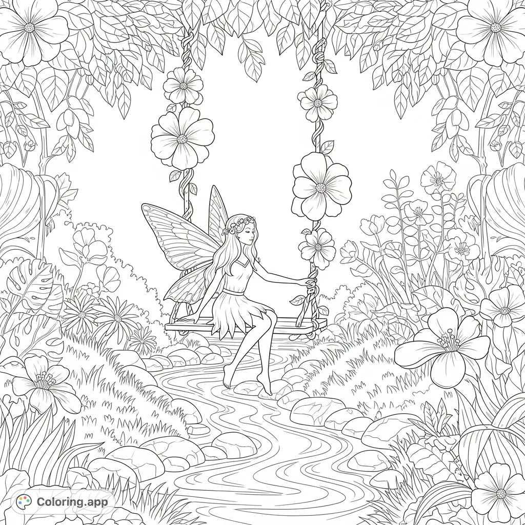A whimsical fantasy coloring page featuring a delicate fairy on a vine swing amidst an enchanted garden, complete with blooming plants and a sparkling stream.