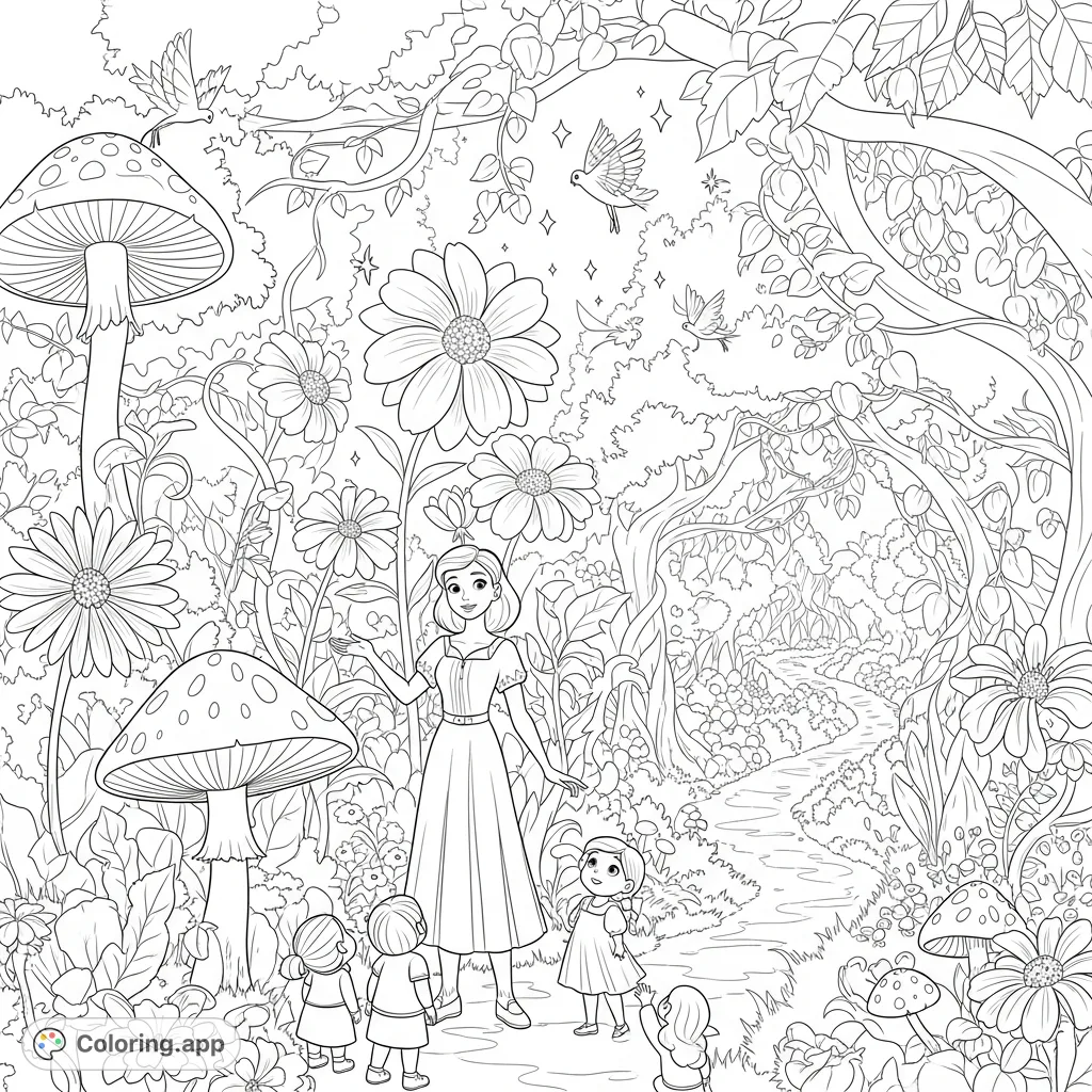 Join Bella on a whimsical journey into a magical garden filled with towering flowers, luminous mushrooms, and curious creatures. A delightful coloring page for imagination.