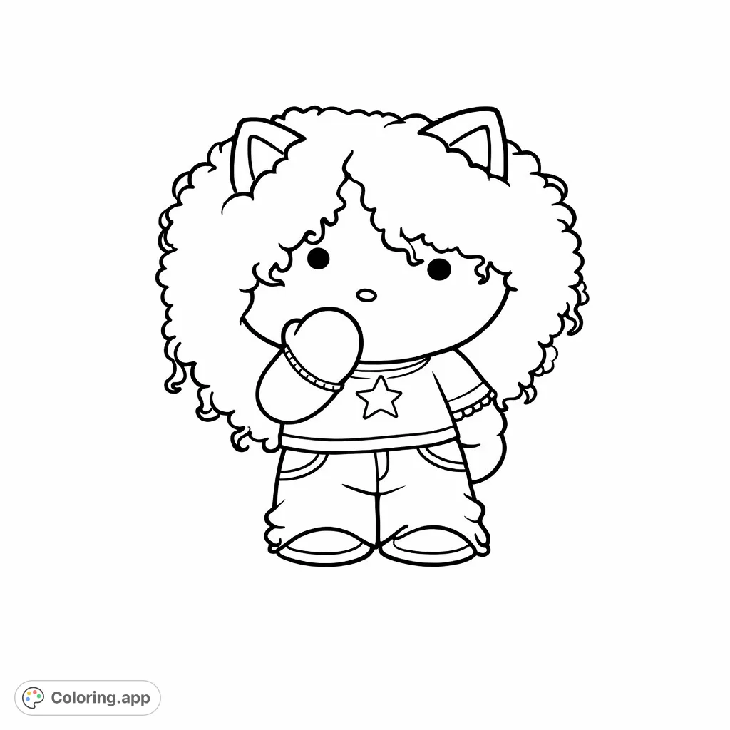 Color this adorable curly-haired character with its winking eye and star-emblazoned top! A charming design perfect for creative expression and fun.