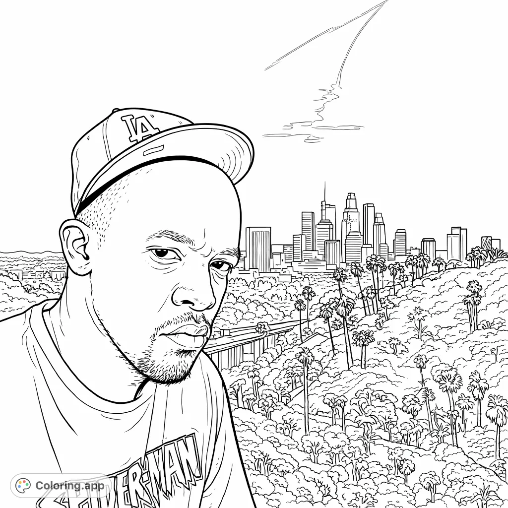 A compelling urban cityscape coloring page featuring a person in a cap against a dynamic skyline, rolling hills, and a bridge.