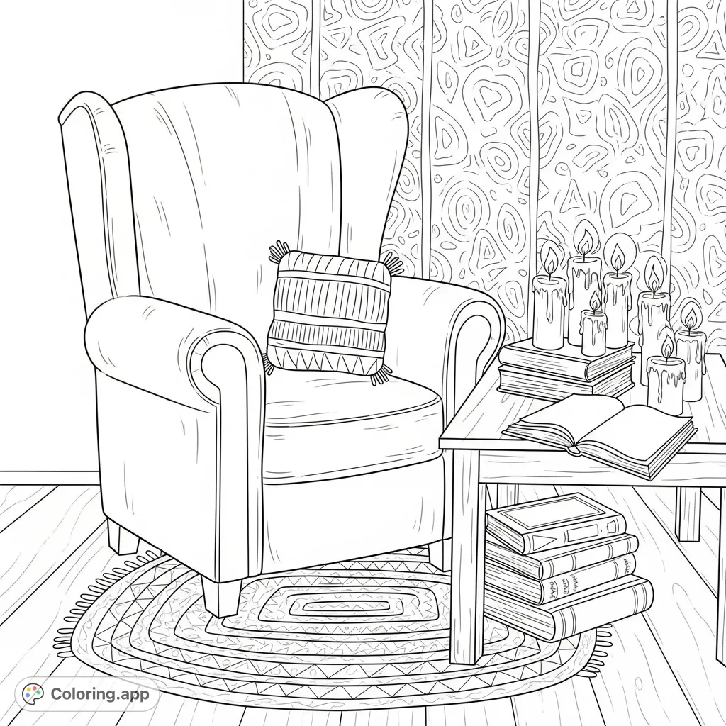 Discover a charming witchy nook coloring page, perfect for relaxation. Features a comfy chair, stacked spellbooks, and glowing candles in a serene setting. Free printable!