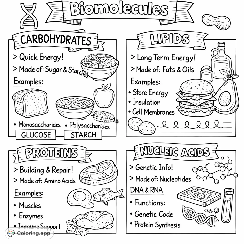An engaging biomolecules coloring page featuring carbohydrates, lipids, proteins, and nucleic acids with example foods and scientific diagrams.