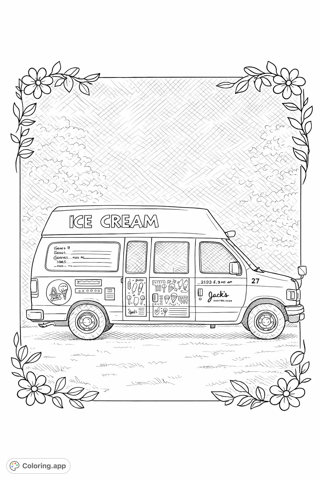 A delightful ice cream van coloring page, enhanced with decorative borders and crosshatching, inviting sweet creativity for all ages in a storybook style.