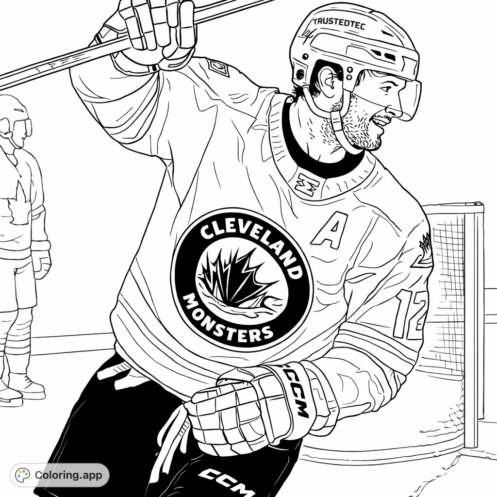 Capture the excitement of ice hockey with this dynamic coloring page featuring a player in full uniform, ready for action on the rink!