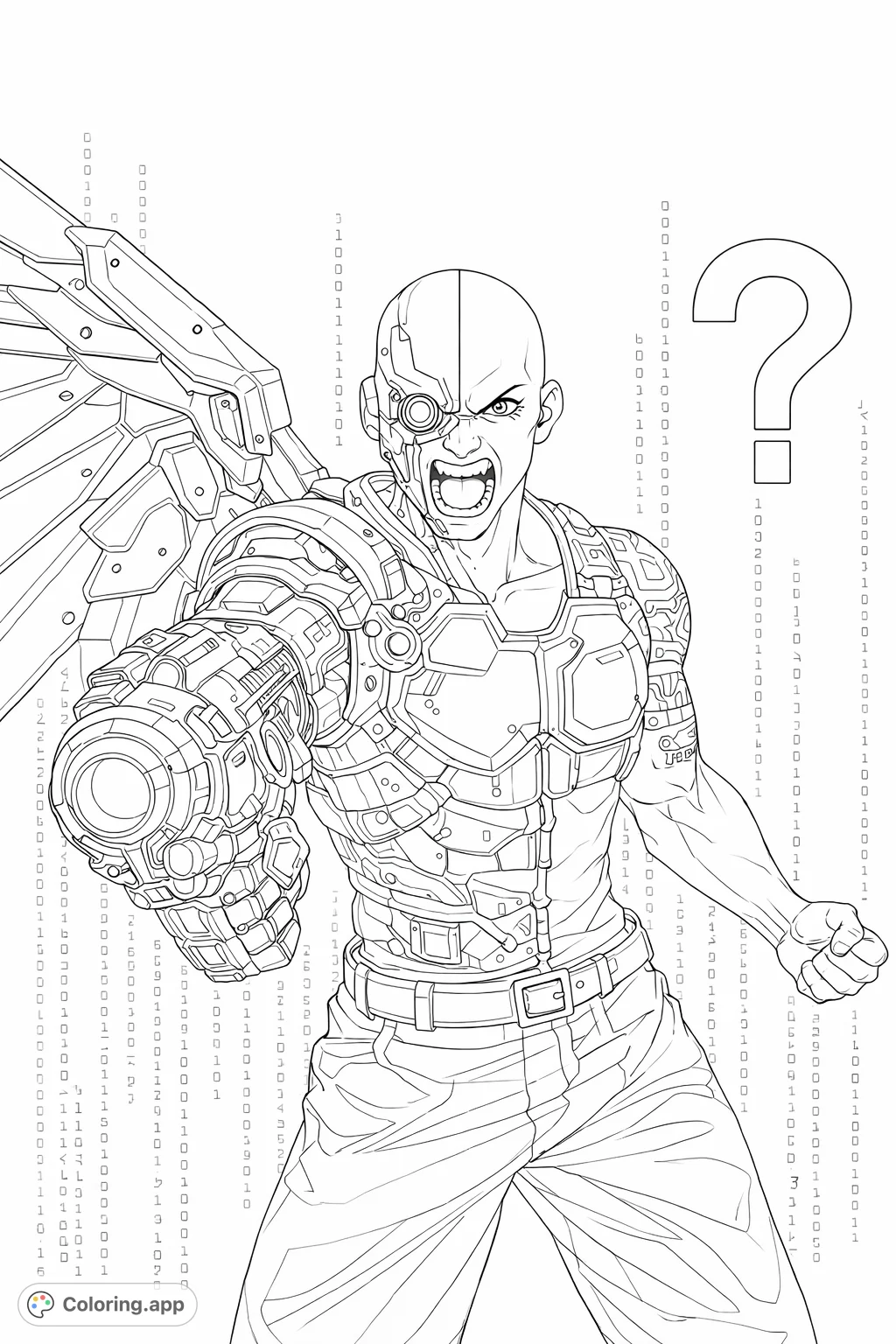 Unleash your creativity with this cyberpunk warrior coloring page! Featuring a half-human, half-machine character with an arm cannon and mechanical wing.