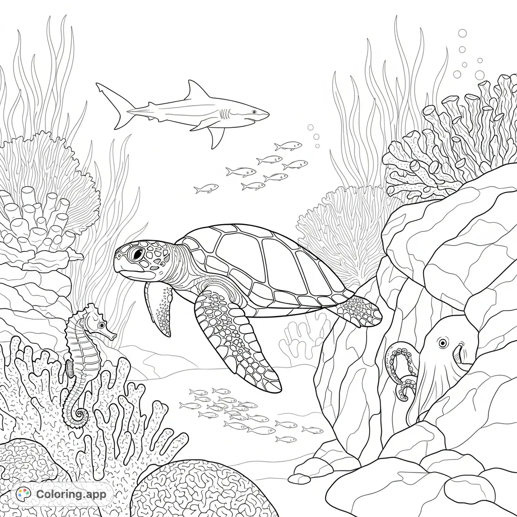 A majestic sea turtle navigates a detailed coral reef teeming with marine life: a seahorse, darting fish, a peeking octopus, and a serene shark.