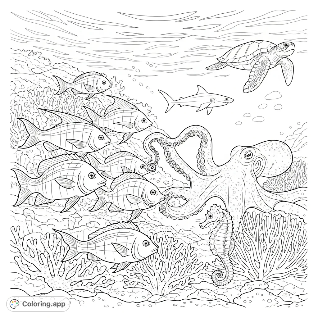 Discover a vibrant underwater world with playful fish, a majestic octopus, a patient seahorse, a friendly shark, and a serene sea turtle amidst intricate coral.