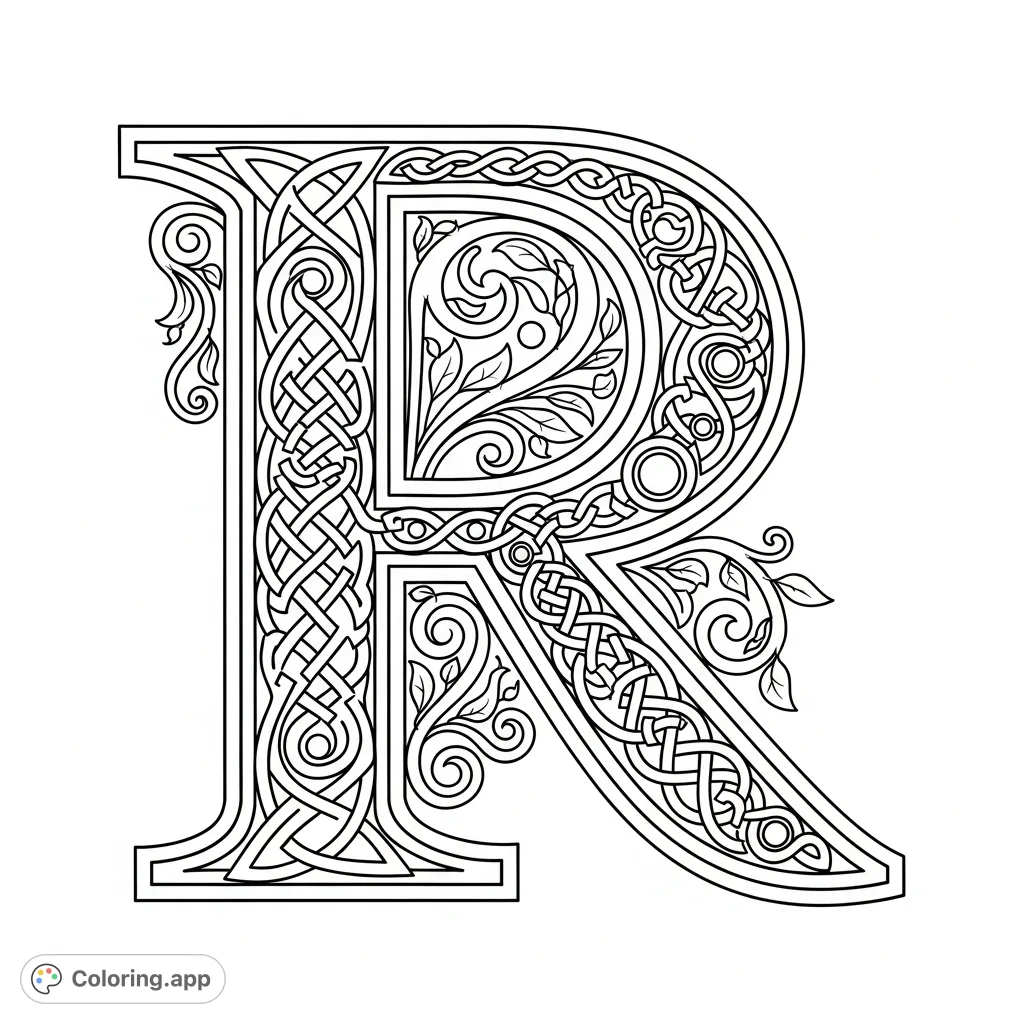 An intricately detailed capital 'R' adorned with complex Celtic knots, spiraling tendrils, and interlace designs, offering a meditative coloring experience.