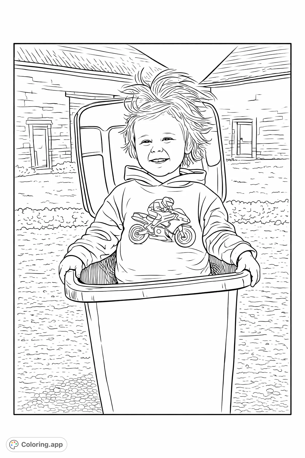 A playful child with messy hair sits in a bin, wearing a hoodie with a motorcycle graphic, ready for a fun coloring adventure in an outdoor setting.