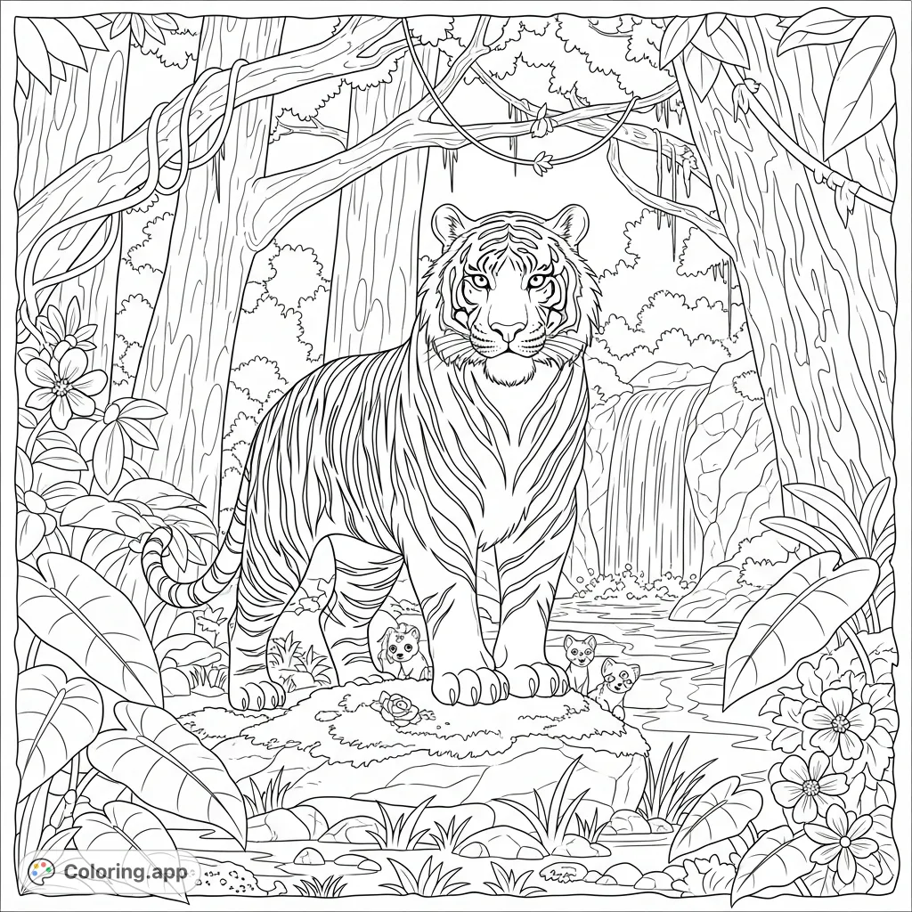 A powerful tiger with intricate stripes stands on a moss-covered rock amidst lush jungle foliage and a cascading waterfall. Perfect for wildlife enthusiasts.