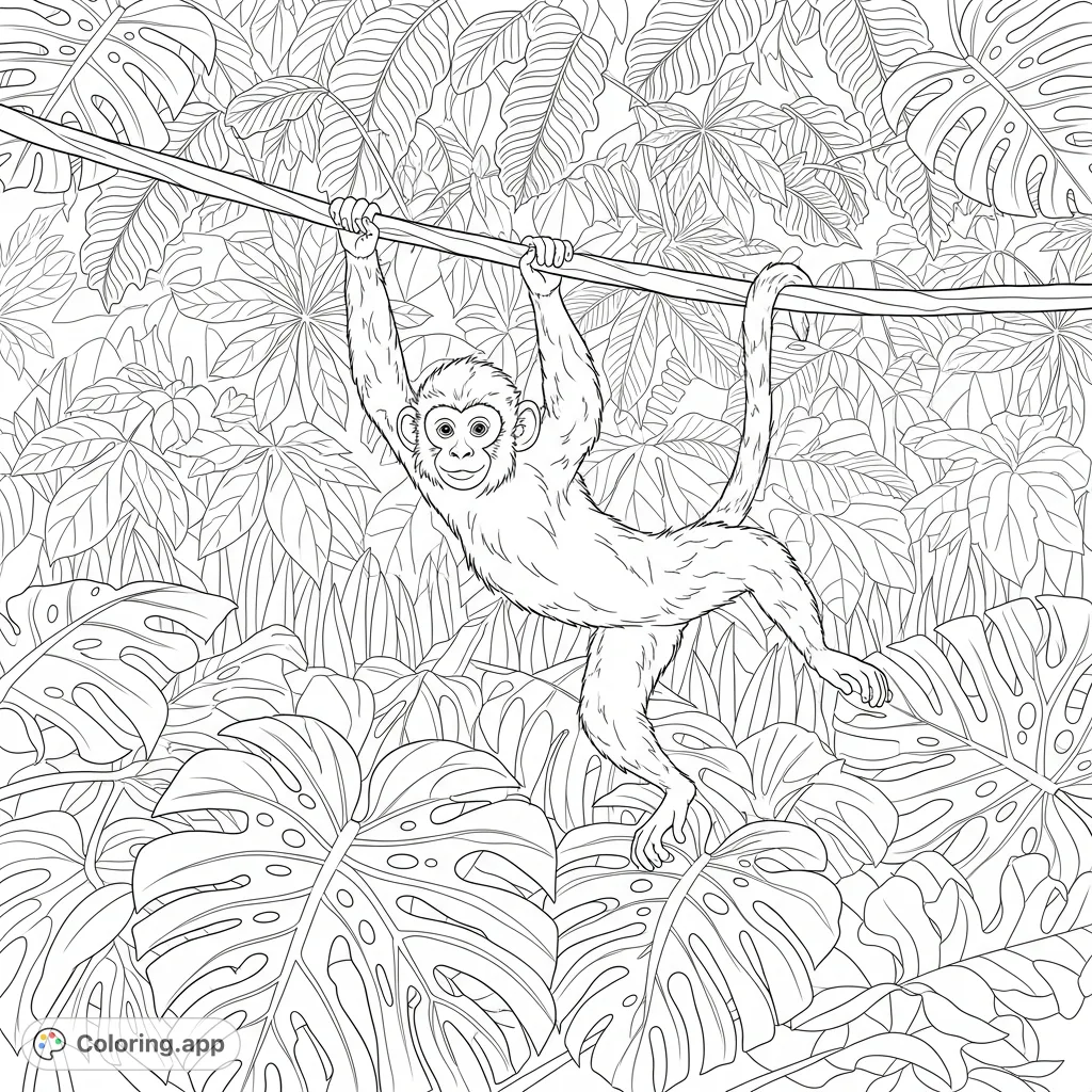 Dive into a vibrant jungle coloring page with a playful monkey swinging on a vine amidst lush, intricately detailed leaves. Perfect for nature lovers!