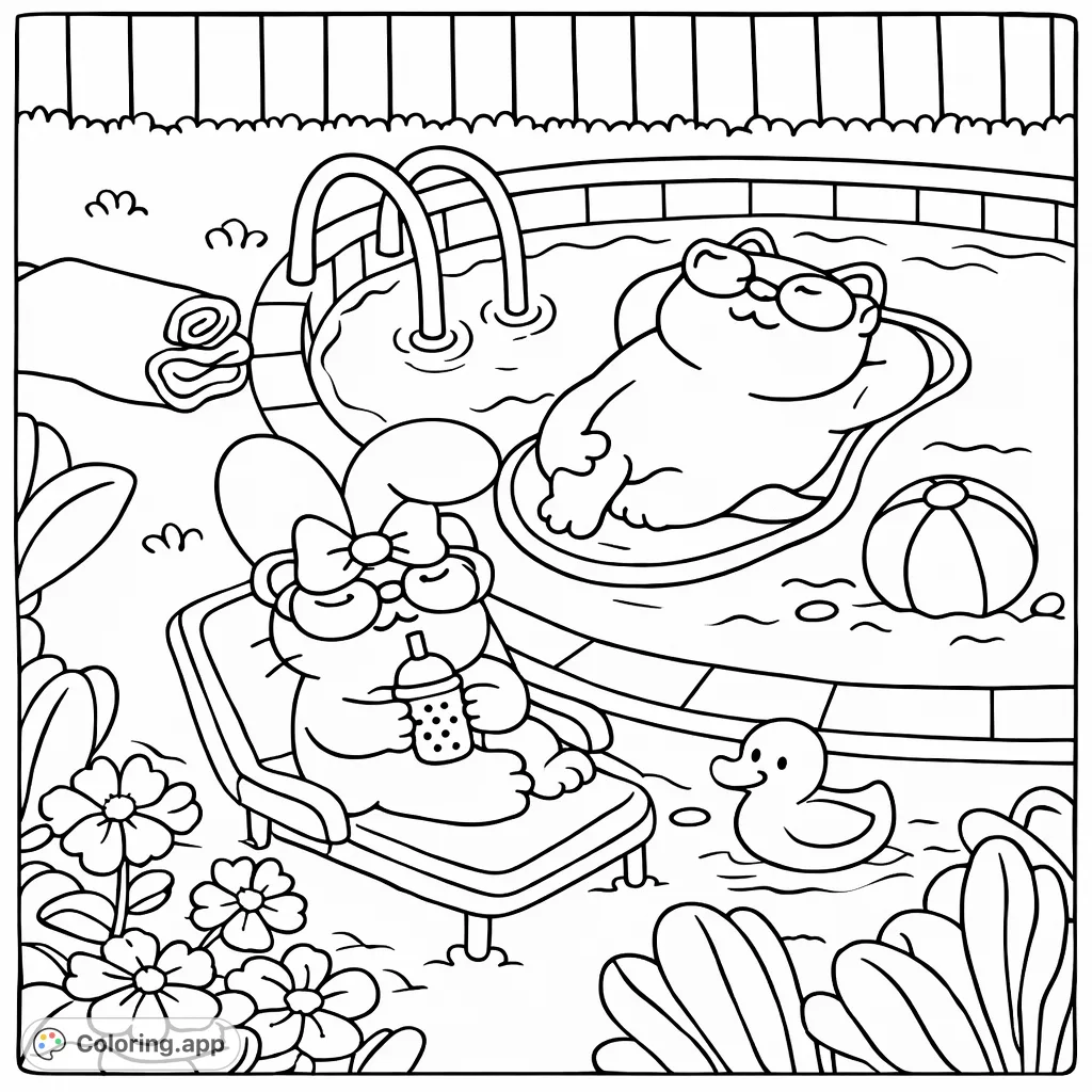 Enjoy a charming poolside scene with two adorable characters relaxing by the water. One floats in the pool, the other sips a drink on a lounge chair, surrounded by summer fun elements. A perfect summer coloring page!