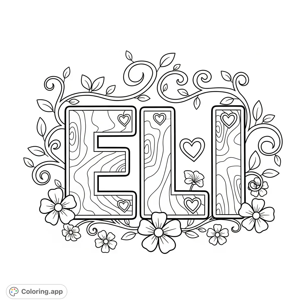 Personalize the name ELI with this charming coloring page! Features bold letters, organic textures, and delicate floral and vine patterns for creative expression.