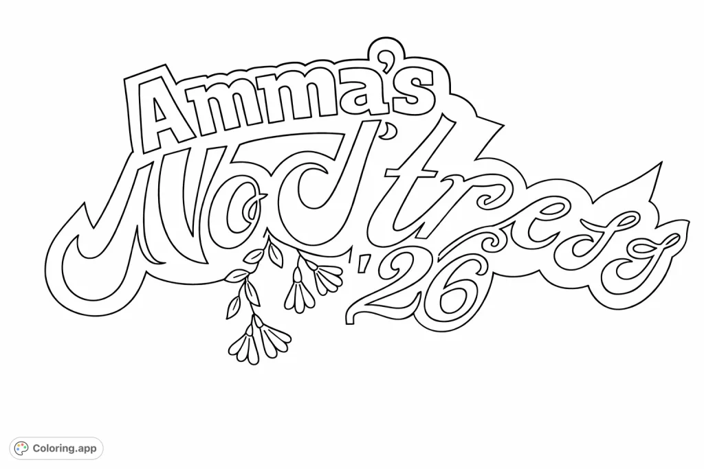 A charming text-based coloring page featuring "Amma's No Stress 26" in stylized fonts with delicate floral accents and an intricate outline.