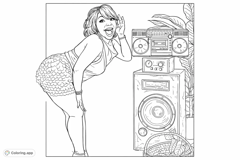 An expressive figure in a sequined skirt, tuned into the music from a vintage boombox and large speaker, amidst lush plant foliage.