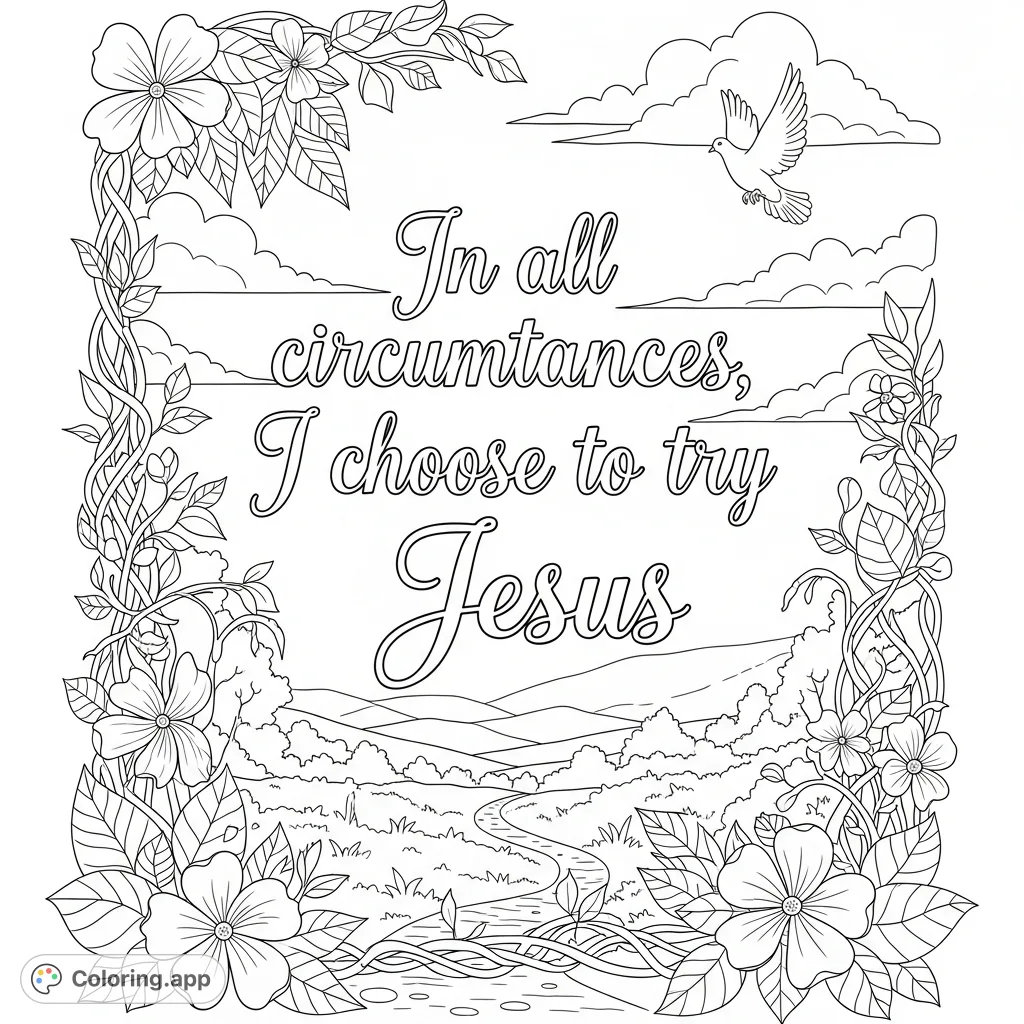 An inspiring coloring page featuring the phrase 'In all circumstances, I choose to try Jesus' amidst a serene landscape of lush foliage, winding paths, and soaring doves. Perfect for reflection and creativity.