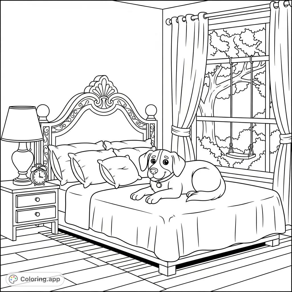 A charming dog relaxes on a cozy bed in a peaceful bedroom, complete with a nightstand, lamp, and a window revealing a tree with a child's swing outside.