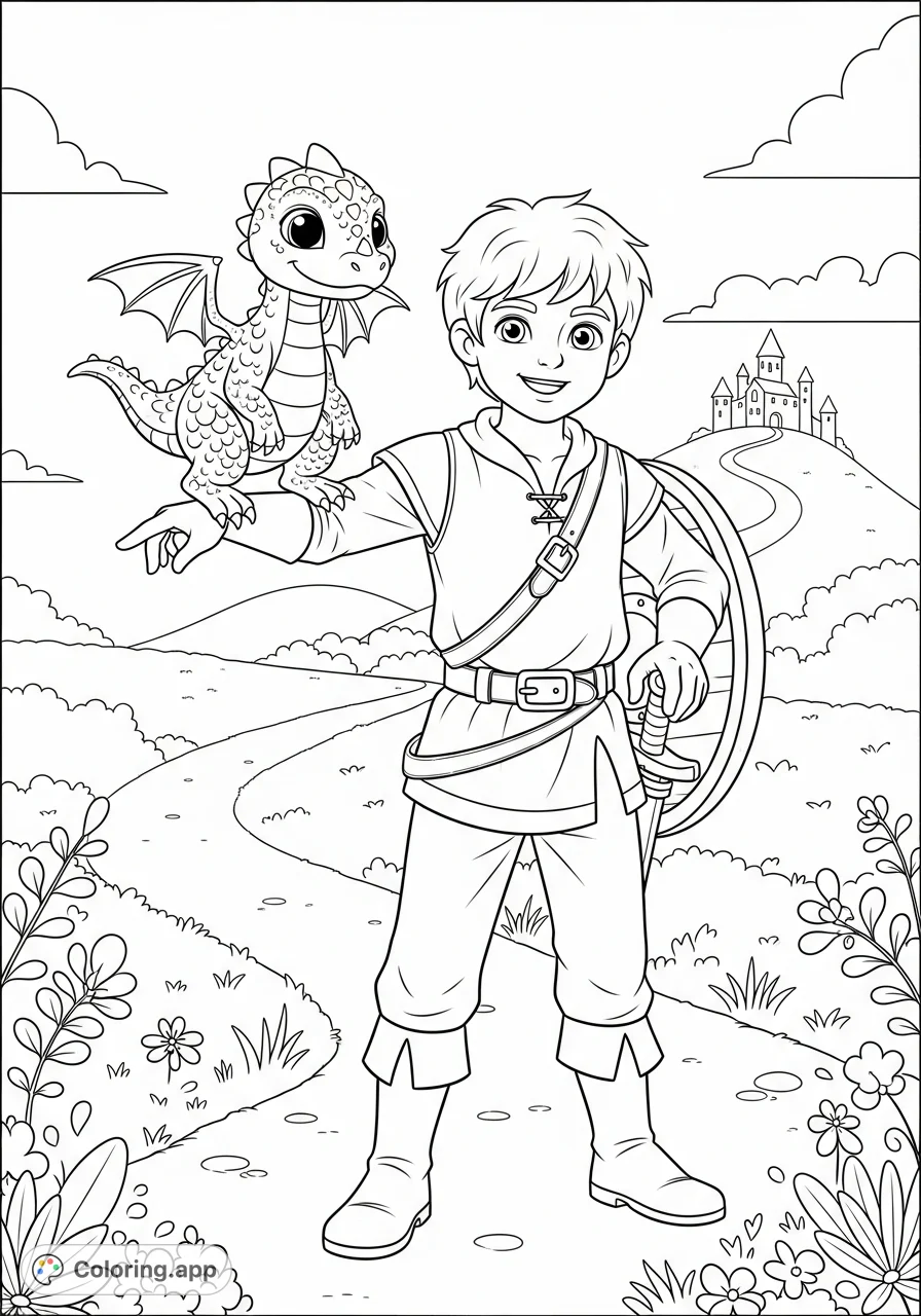 A young adventurer and his friendly dragon hatchling ready for epic quests! This D&D character coloring page is perfect for aspiring heroes.