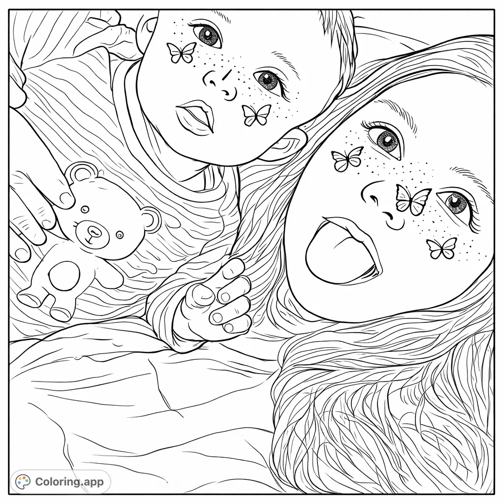 A heartwarming coloring page featuring a playful mom and her sweet baby, perfect for family bonding and creative expression.