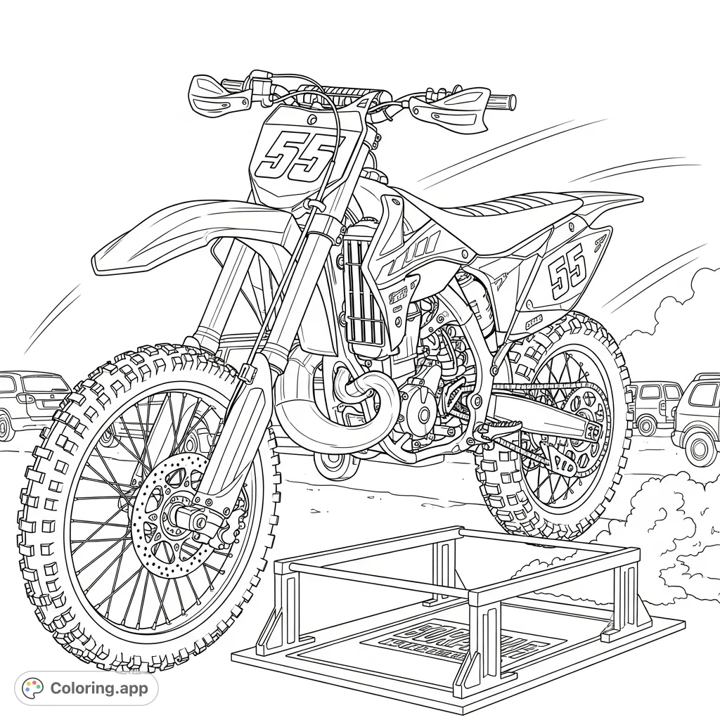Capture the thrill of off-road racing with this detailed motocross bike coloring page, featuring intricate engine parts, knobby tires, and custom graphics.