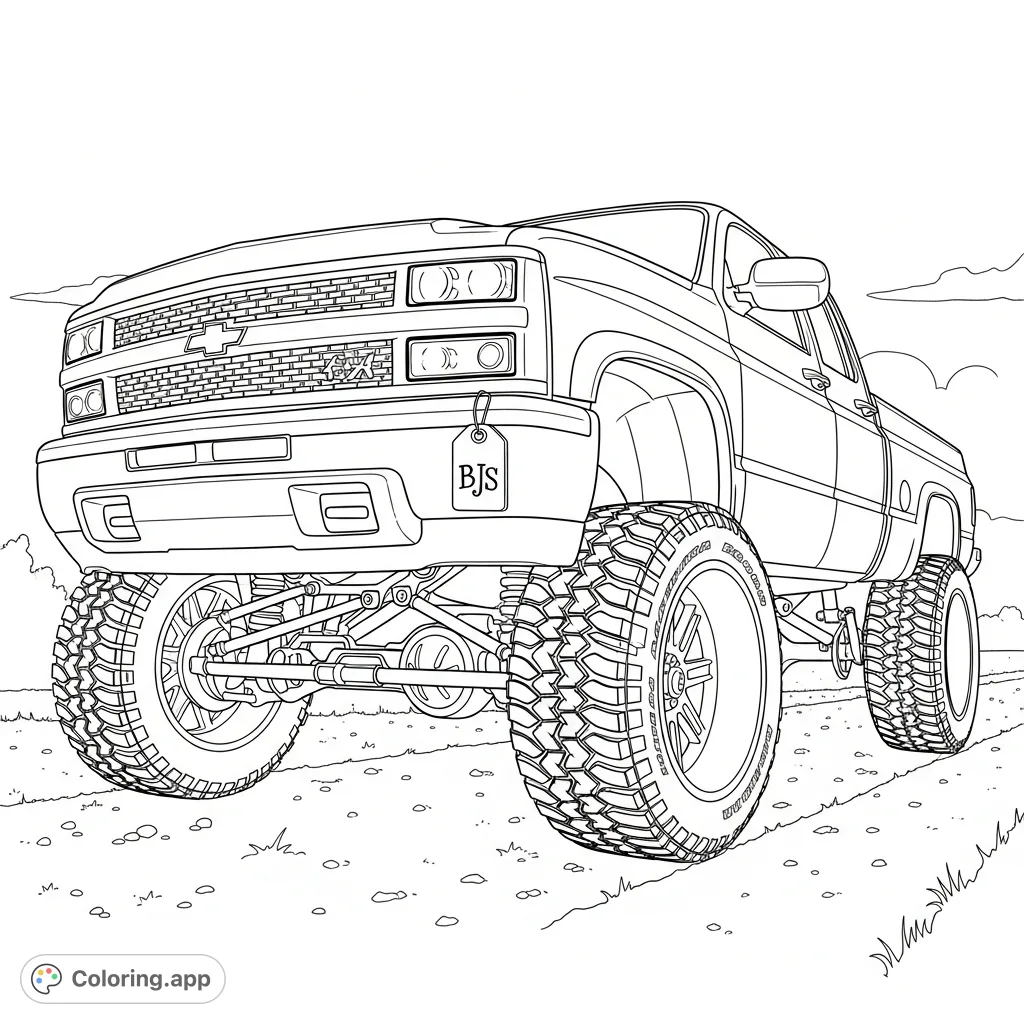 Experience the power of this lifted Chevrolet truck coloring page, featuring distinct cat-eye headlights, large rims, and rugged mud grip tires, ready for adventure.
