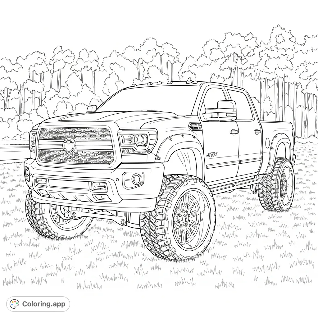 Unleash your creativity on this detailed coloring page featuring a powerful, lifted pickup truck with massive tires, JTX wheel arches, and a scenic background.