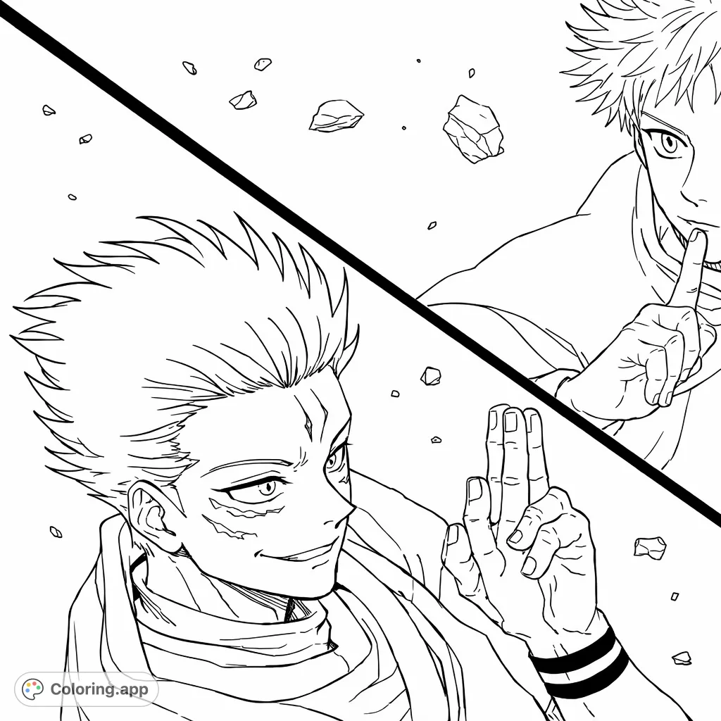 An intense scene featuring two powerful sorcerer figures locked in a dynamic confrontation, surrounded by floating debris. Unleash your creativity on this action-packed page!
