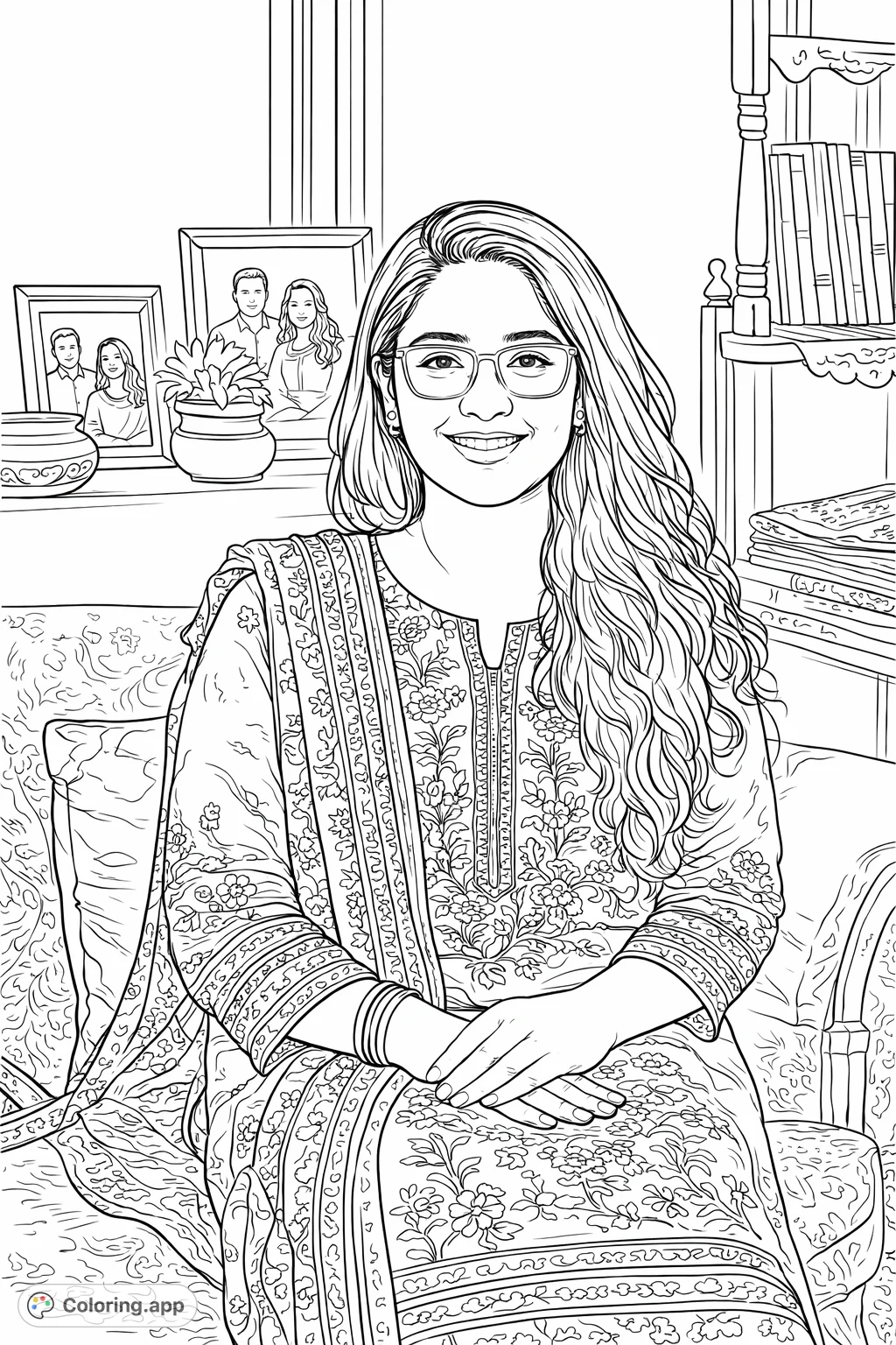 A lovely woman in traditional patterned clothing, seated in a cozy setting, perfect for bringing vibrant cultural designs to life with your favorite colors.