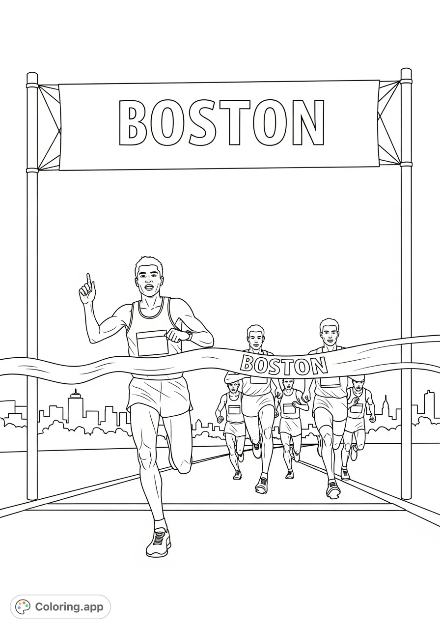 Experience the excitement of the Boston Marathon! A runner crosses the iconic finish line under a 'BOSTON' banner, with other athletes following.
