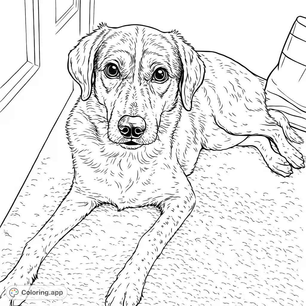 An endearing dog lies relaxed on the floor, looking up with gentle eyes. This detailed dog coloring page is perfect for animal lovers of all ages.