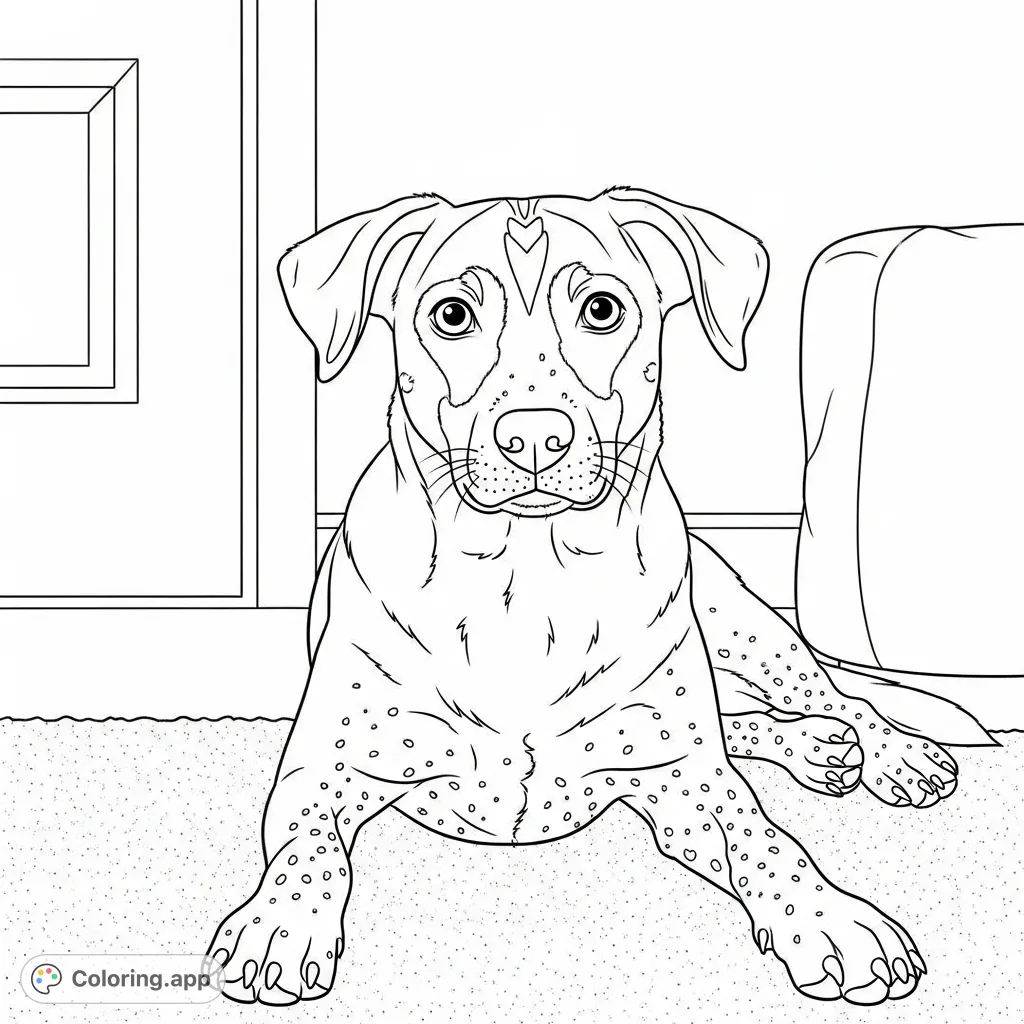 A charming mixed-breed dog rests on a textured floor, its head tilted with expressive eyes and unique facial markings. Perfect for pet lovers!