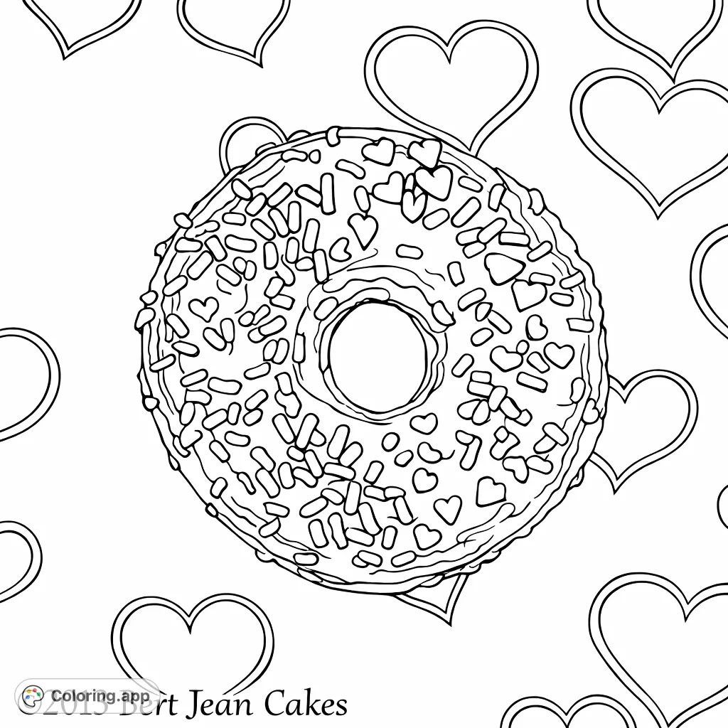 A delightful doughnut adorned with playful sprinkles and heart shapes, set against a background of whimsical hearts. Perfect for sweet-themed coloring fun!