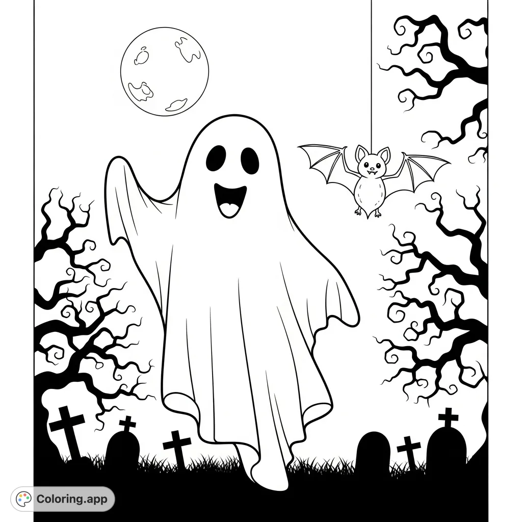 A charming Halloween coloring page featuring a friendly waving ghost and a whimsical bat amidst a spooky night scene with bare trees and gravestones.