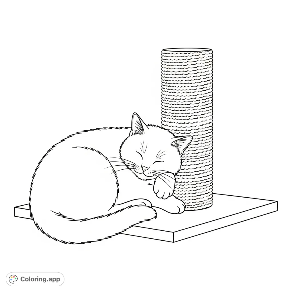 A peaceful sleeping cat nestled against a textured scratching post, inviting relaxation and creativity. Perfect for cat lovers and cozy moments.