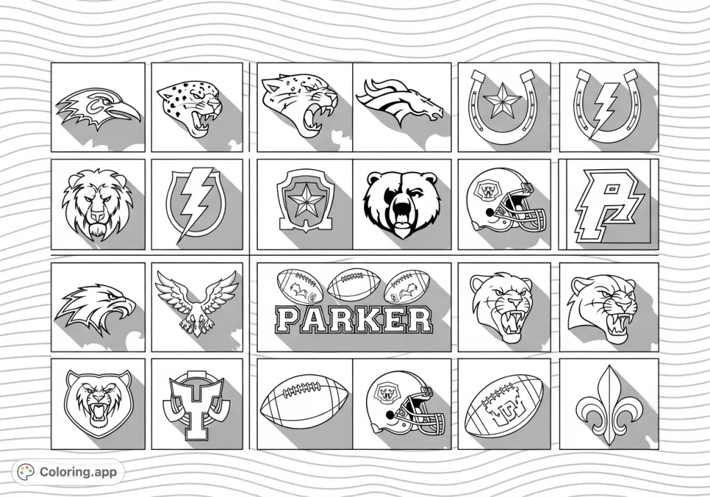 Explore a captivating grid of 24 unique graphic emblems, featuring stylized animal heads, powerful symbols, and distinct typography for a challenging coloring experience.