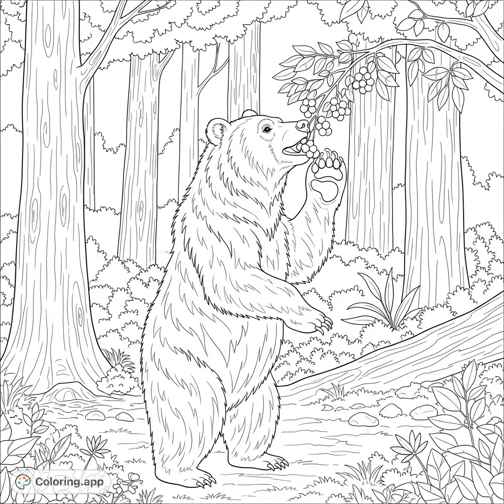 A charming forest bear coloring page features a standing bear eating berries in a natural, detailed forest setting. A delightful free printable coloring page.