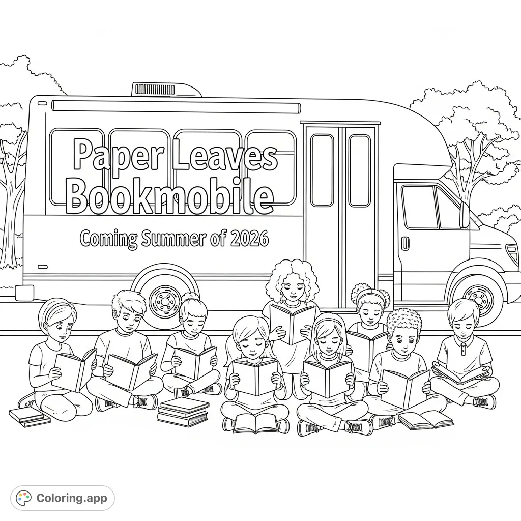 A delightful bookmobile scene with diverse children enjoying books, featuring "Paper Leaves Bookmobile Coming Summer of 2026" on its side. Perfect for young readers!