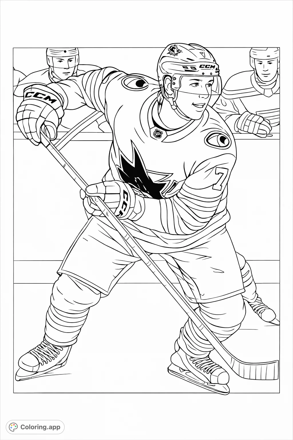 Dynamic hockey player on the ice, helmeted and geared up, ready for action. Features detailed jersey and stick. Perfect for sports fans!