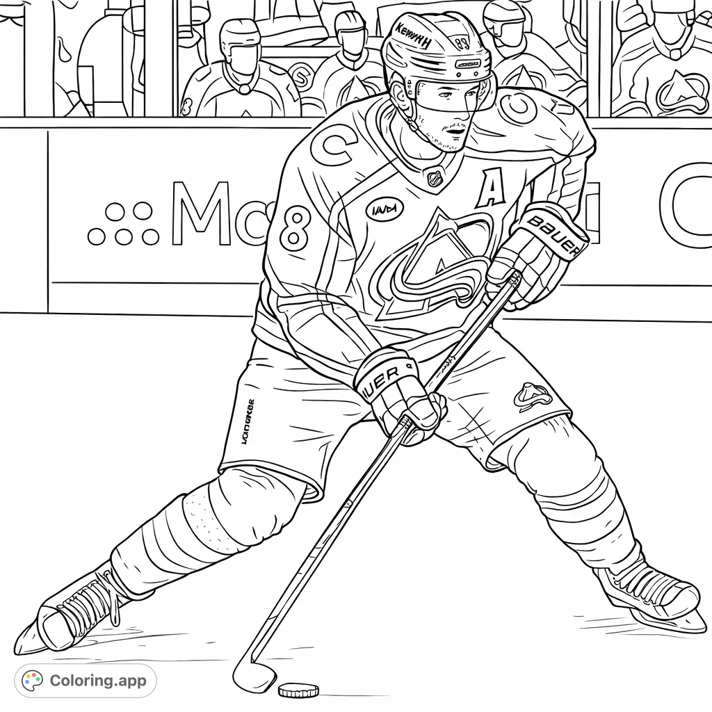 Capture the thrill of hockey with this dynamic coloring page featuring a player mid-action. Perfect for sports enthusiasts and aspiring artists!