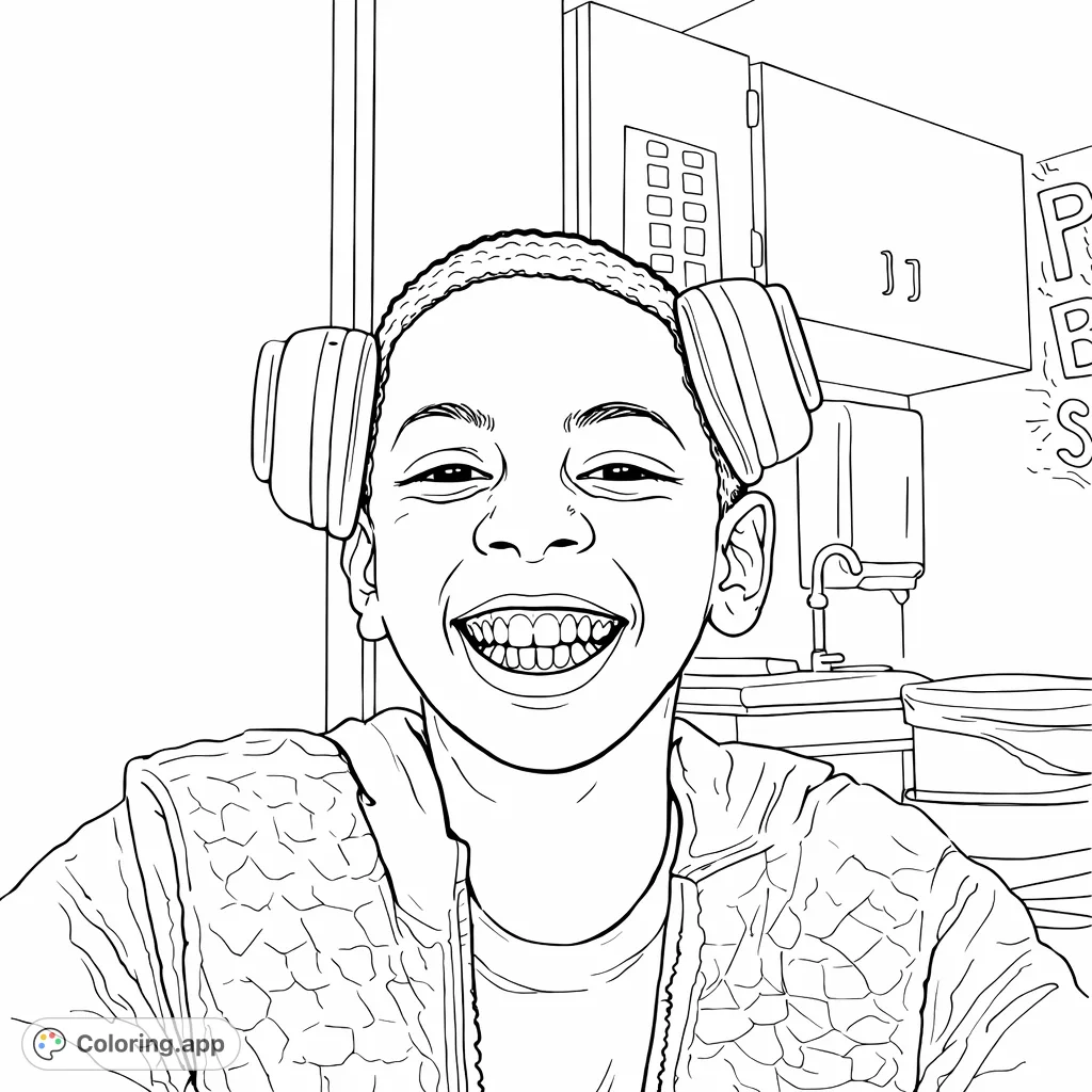 A joyful young boy grins widely, wearing headphones on his head, ready for a fun coloring adventure. Explore his happy expression and detailed background elements.