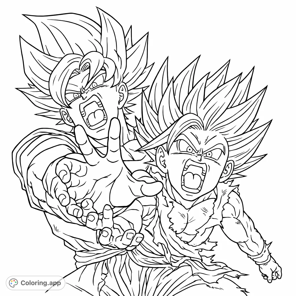 An intense anime-style coloring page featuring two powerful characters with spiky hair and open-mouthed shouts, ready for action. Free printable coloring page.
