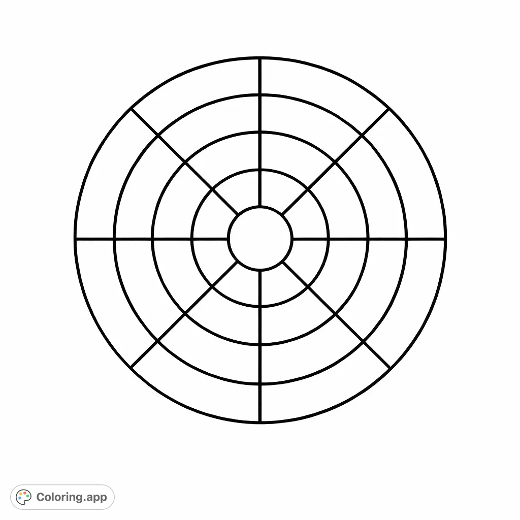 A simple yet engaging geometric pattern featuring concentric circles divided into segments, perfect for practicing color blending and precision. Explore symmetry!