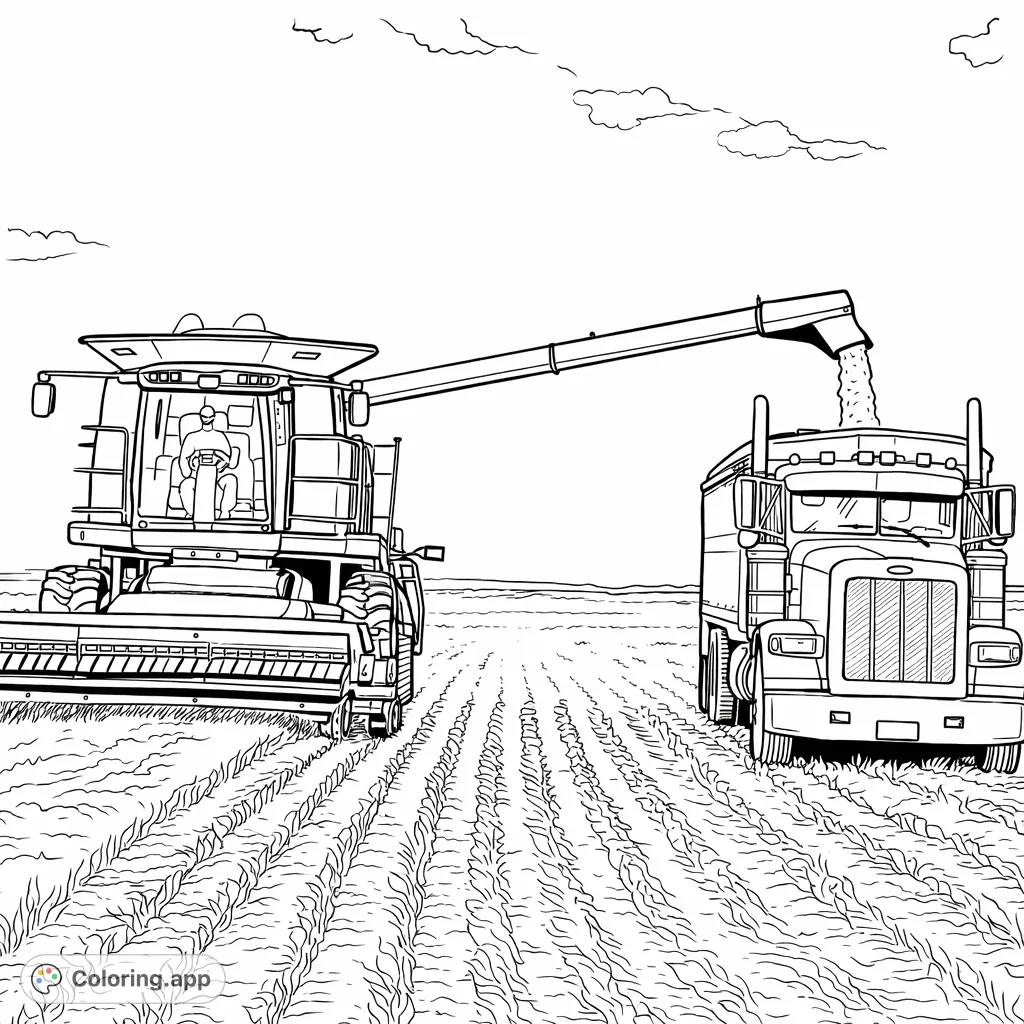 A detailed farming coloring page featuring a large combine harvester offloading grain into a semi-truck in an expansive field under a clear sky.