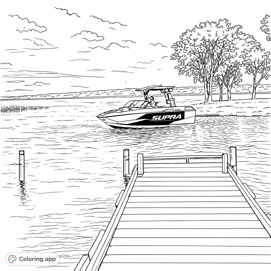 Color a dynamic lakeside scene featuring a modern wakeboard boat at a wooden dock, set against a backdrop of trees and a cloudy sky. Perfect for watersports fans.